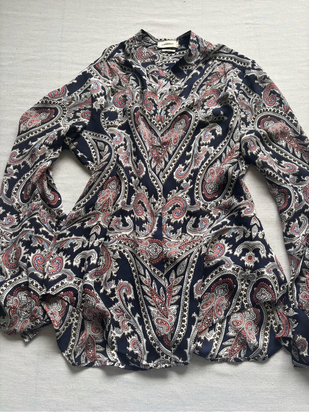 L'AGENCE Black Multicolor Paisley 100% Silk Long Sleeve Button Blouse Size M